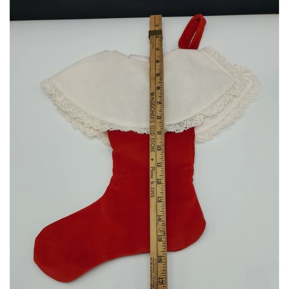 Hand Made Red Velvet Christmas Stocking With Wide Linen‎ And Lace Collar
